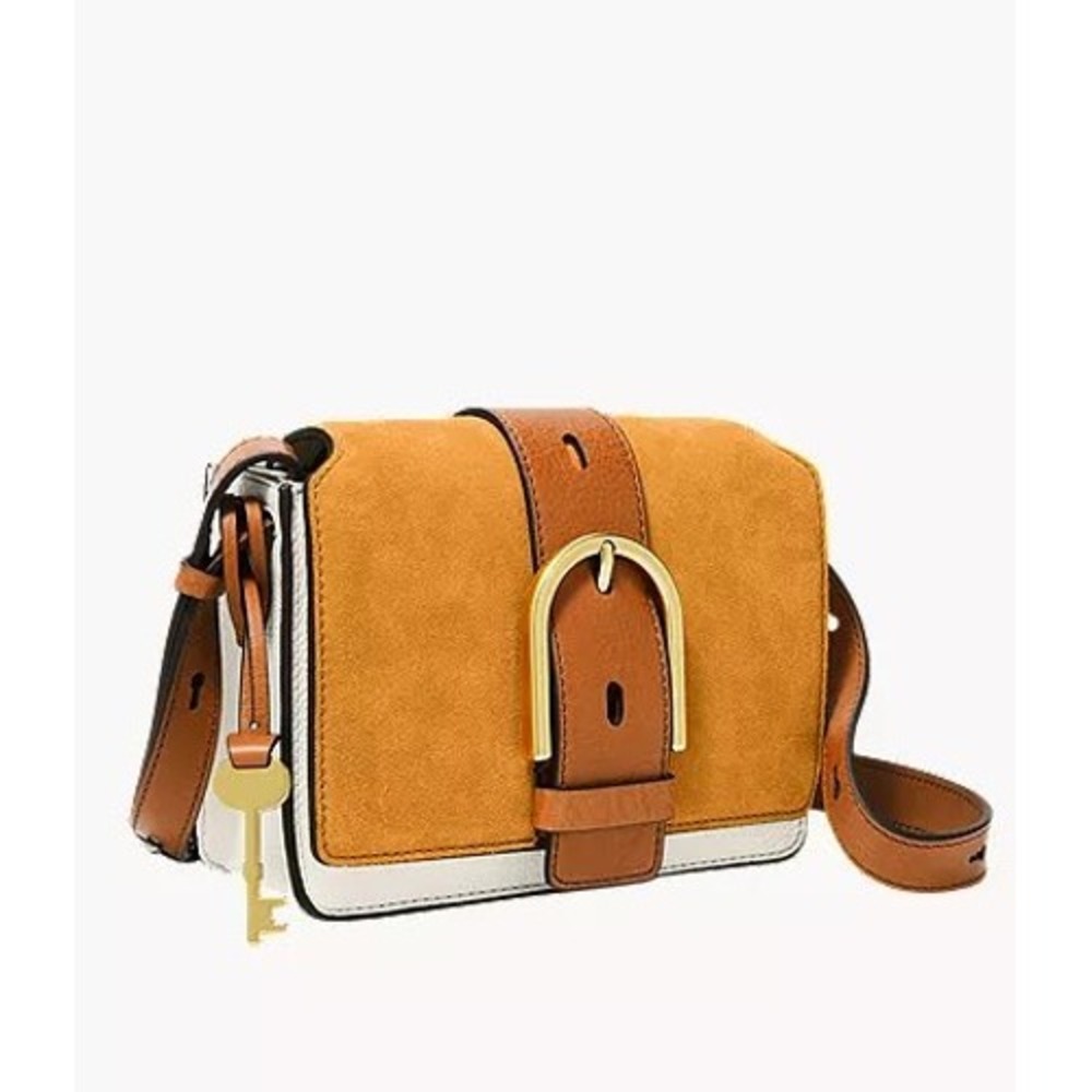 Fossil Wiley suede leather buckle shoulder crossbody bag Mustard yellow white